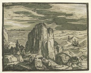 Van een set van 4 landschappen: Klif aan de kust door Hendrik Goltzius