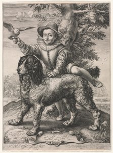 Portret van Frederick de Vries en zijn hond, 1597 door Hendrik Goltzius