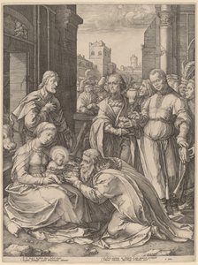 De aanbidding der wijzen door Hendrik Goltzius in the style of Lucas van Leyden