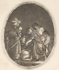 Salome ontvangt het hoofd van Johannes de Doper, omringd door drie mannen en een kind..., ca. 1610 door Hendrik Goudt