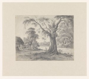 Landschap met een boom en hut met paard en wagen en twee figuren
