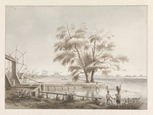 Gezicht op een plantage met links een sluis door Hendrik Huygens