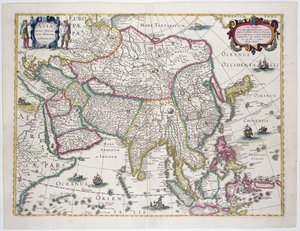 Algemene kaart inclusief Arabië, Japan, het Koreaanse schiereiland en het grootste deel van de Indonesische archipel, 1631 door Hendrik I Hondius