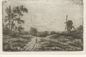 Figuur op een weg bij een molen door Hendrik Jan Hein