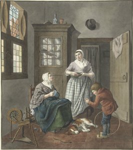 Interieur met naaiende vrouw, dienstmeid en spelende jongen