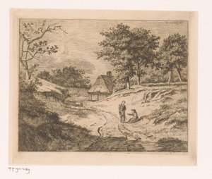 Landschap met persoon die een ander de weg wijst