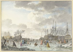 IJsvermaak op een bevroren rivier met schepen