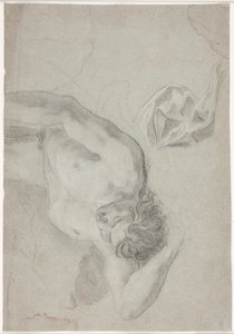 Mannelijke modelstudie, liggend op de rug, kniestuk en draperiestudie