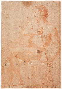 Mannelijk modelstudie, zittend met staf door Hendrik Krock