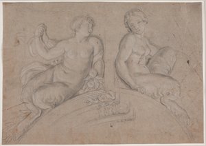 Twee vrouwelijke satyrfiguren (faunen) op een segmentboog door Hendrik Krock