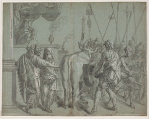 De tiran Phalarus van Agrigent sluit de beeldhouwer Parillus op in de door hem gemaakte, gloeiende bronzen stier door Hendrik Krock