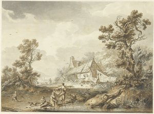 Boerderij met op de voorgrond wassende vrouwen
