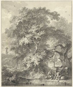 Bosgezicht met rustende herders bij een watervalletje door Hendrik Meijer