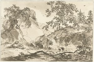 Heuvelachtig landschap met een rustende man