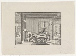 Figuren in een papierwerkplaats aan het werk