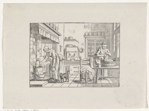 Keukeninterieur met twee vrouwen aan het werk door Hendrik Numan