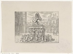 Kinderen dansend in een kring om een monument van de Zeven Provinciën