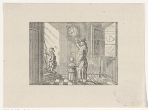 Man leert een jongen en een meisje klokkijken op een staande klok door Hendrik Numan