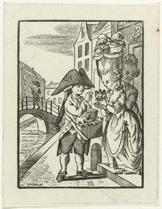 Straatverkoper van haardecoratie met twee klanten door Hendrik Numan