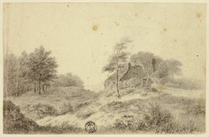 Huisje op de heuvel door Hendrik Pieter Koekkoek