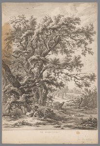 Landschap met een man en hond onder een boom bij Midlaren Negen gezichten in Drenthe (serie titel) IX Gezichten in, en bij het landschap Drenthe (serie titel) door Hendrik Schwegman