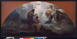 De doop van Christus. (door Johannes de Doper, onder het oog van hemelse engelen en de duif van de Heilige Geest). Werk van Henryk Siemiradzki, olie op karton door Henryk Siemiradzki