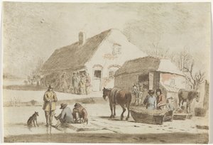 Schaatsenrijders en een slede bij een boerderij door Hendrik Spilman