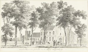Kerk en gedeelte van de ruïne van de Abdij te Rijnsburg door Hendrik Tavenier