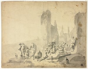 Havenscène met verschillende figuren