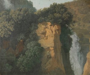 Overwoekerde kliffen met een waterval in Italië, mogelijk bij Tivoli door Hendrik Voogd (attributed to)