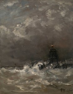 Vuurtoren in de branding door Hendrik Willem Mesdag (signed by artist)