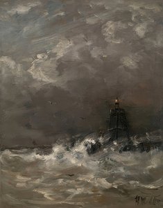 Vuurtoren in brekende golven door Hendrik Willem Mesdag