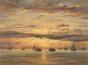 Zonsondergang in Scheveningen: een vloot vissersvaartuigen voor anker
