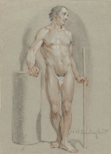 Staand mannelijk naakt, met een stok in de hand, steunend op een ateliercylinder door Hendrik Willem Schweickhardt