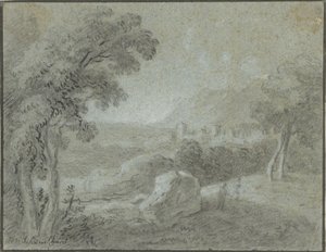 Zuidelijk heuvellandschap met een stad in het verschiet door Hendrik Willem Schweickhardt