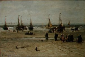 Kustlandschap met vissersvaartuigen en vissers door Hendrik William Mesdag