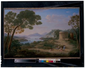 Een uitgestrekt klassiek landschap met figuren zittend voor een tempietto door Hendrik van Lint