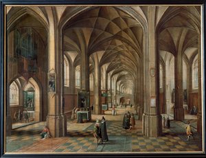 Interieur van een kerk, Sacristaan toont altaar aan bezoekers ...