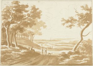 Landschap met een pad waarop mensen lopen door Hendrik van der Burgh