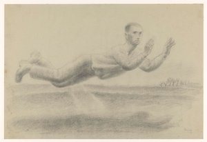 Zelfportret met geheven handen zwevend in een landschap