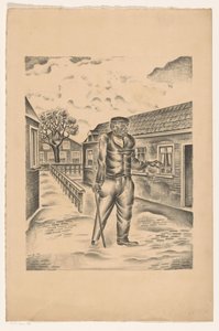Man met houten been en stok in een dorpsstraat door Henk Henriët