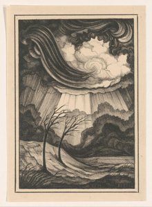 Landschap met kale bomen en wolkenlucht