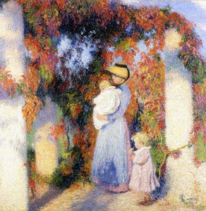 Vrouw met twee kinderen onder de hoofdpergola in Marquayrol, c.1900