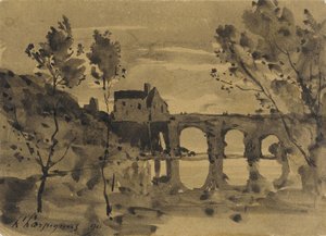 Rivierlandschap met brug en huis door Henri-Joseph Harpignies