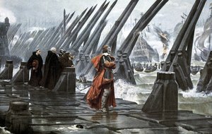 Kardinaal Richelieu op de zeewering bij La Rochelle door Henri Paul (after) Motte