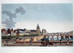 Uitzicht op de Bloemenmarkt bij het Palais de Justice, c.1816-20 (gekleurde gravure) door Henri (after) Courvoisier Voisin