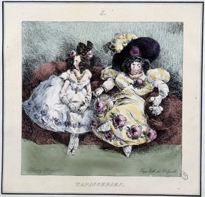 Lelijke vrouwen die "tapisserie" maken zittend in een woonkamer - in "Parisiennes" door Henri Monnier, ed. Delpech, Parijs