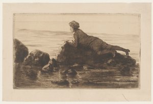 Jongen liggend op rotsblokken op het strand door Henri Charles Guérard