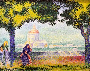 Uitzicht op de kerk van Santa Maria degli Angeli bij Assisi, 1909 door Henri Edmond Cross
