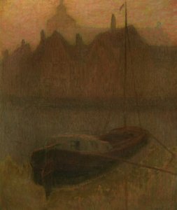 Boot op het kanaal (ochtend) door Henri Eugene Augustin Le Sidaner